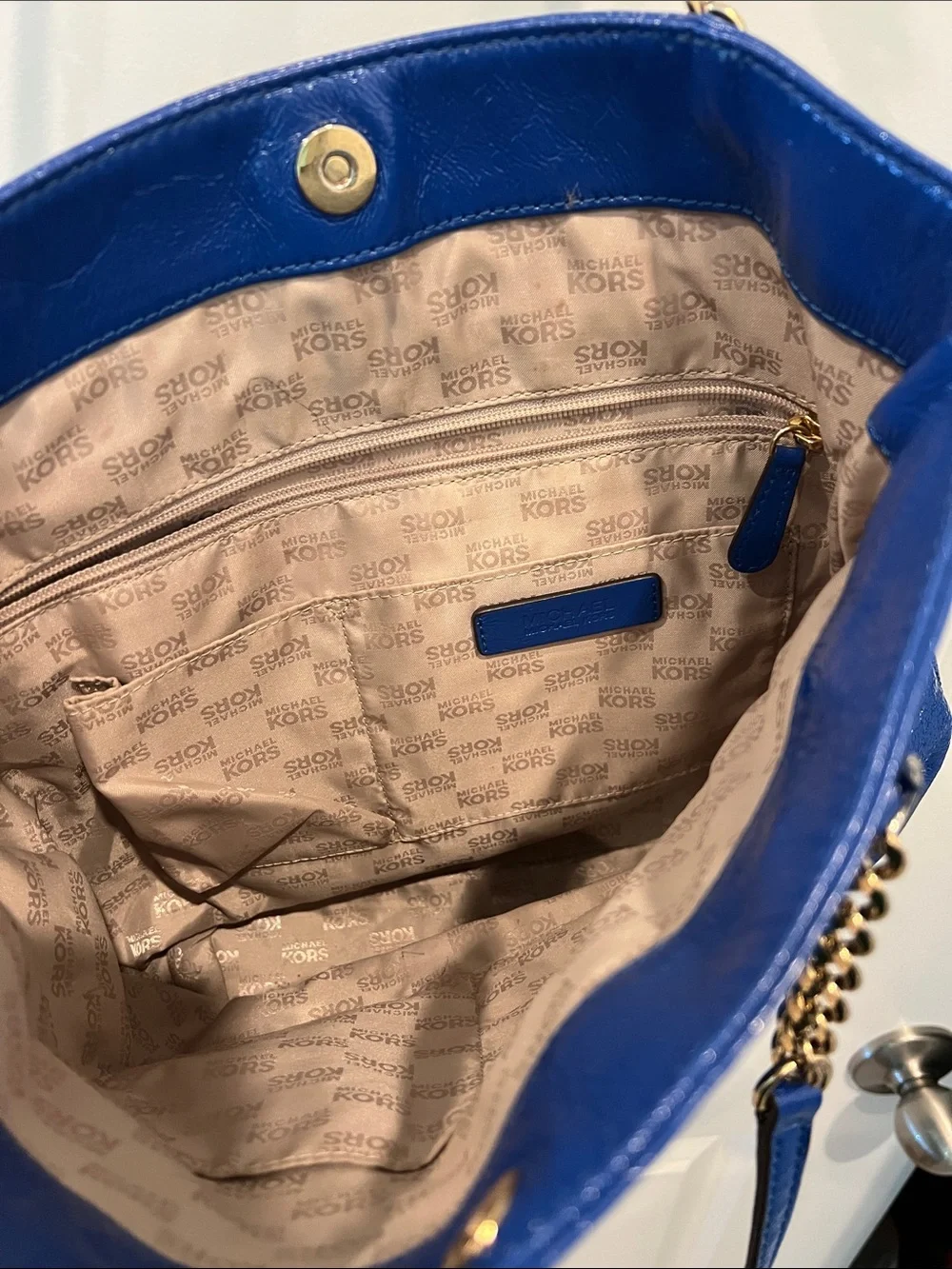 Michael Kors Cobalt Blue Leather Tote with Gold Chain Straps